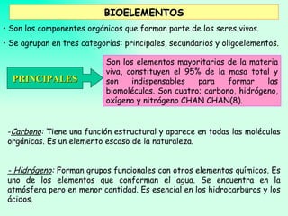 BIOELEMENTOS
• Son los componentes orgánicos que forman parte de los seres vivos.
• Se agrupan en tres categorías: principales, secundarios y oligoelementos.

                            Son los elementos mayoritarios de la materia
                            viva, constituyen el 95% de la masa total y
  PRINCIPALES               son    indispensables   para    formar    las
                            biomoléculas. Son cuatro; carbono, hidrógeno,
                            oxígeno y nitrógeno CHAN CHAN(8).


 -Carbono: Tiene una función estructural y aparece en todas las moléculas
 orgánicas. Es un elemento escaso de la naturaleza.


 - Hidrógeno: Forman grupos funcionales con otros elementos químicos. Es
 uno de los elementos que conforman el agua. Se encuentra en la
 atmósfera pero en menor cantidad. Es esencial en los hidrocarburos y los
 ácidos.
 