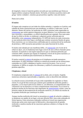 de longitud) y tienen el material genético envuelto por una membrana que forma un
órgano esférico conspicuo llamado núcleo. De hecho, el término eucariótico deriva del
griego ‘núcleo verdadero’, mientras que procariótico significa ‘antes del núcleo’.

Partes de la célula

El núcleo

El órgano más conspicuo en casi todas las células animales y vegetales es el núcleo; está
rodeado de forma característica por una membrana, es esférico y mide unas 5 µm de
diámetro. Dentro del núcleo, las moléculas de ADN y proteínas están organizadas en
cromosomas que suelen aparecer dispuestos en pares idénticos. Los cromosomas están
muy retorcidos y enmarañados y es difícil identificarlos por separado. Pero justo antes
de que la célula se divida, se condensan y adquieren grosor suficiente para ser
detectables como estructuras independientes. El ADN del interior de cada cromosoma
es una molécula única muy larga y arrollada que contiene secuencias lineales de genes.
Éstos encierran a su vez instrucciones codificadas para la construcción de las moléculas
de proteínas y ARN necesarias para producir una copia funcional de la célula.

El núcleo está rodeado por una membrana doble, y la interacción con el resto de la
célula (es decir, con el citoplasma) tiene lugar a través de unos orificios llamados poros
nucleares. El nucleolo es una región especial en la que se sintetizan partículas que
contienen ARN y proteína que migran al citoplasma a través de los poros nucleares y a
continuación se modifican para transformarse en ribosomas.

El núcleo controla la síntesis de proteínas en el citoplasma enviando mensajeros
moleculares. El ARN mensajero (ARNm) se sintetiza de acuerdo con las instrucciones
contenidas en el ADN y abandona el núcleo a través de los poros. Una vez en el
citoplasma, el ARNm se acopla a los ribosomas y codifica la estructura primaria de una
proteína específica.

Citoplasma y citosol

El citoplasma comprende todo el volumen de la célula, salvo el núcleo. Engloba
numerosas estructuras especializadas y orgánulos, como se describirá más adelante.

La solución acuosa concentrada en la que están suspendidos los orgánulos se llama
citosol. Es un gel de base acuosa que contiene gran cantidad de moléculas grandes y
pequeñas, y en la mayor parte de las células es, con diferencia, el compartimiento más
voluminoso (en las bacterias es el único compartimiento intracelular). En el citosol se
producen muchas de las funciones más importantes de mantenimiento celular, como las
primeras etapas de descomposición de moléculas nutritivas y la síntesis de muchas de
las grandes moléculas que constituyen la célula.

Aunque muchas moléculas del citosol se encuentran en estado de solución verdadera y
se desplazan con rapidez de un lugar a otro por difusión libre, otras están ordenadas de
forma rigurosa. Estas estructuras ordenadas confieren al citosol una organización
interna que actúa como marco para la fabricación y descomposición de grandes
moléculas y canaliza muchas de las reacciones químicas celulares a lo largo de vías
restringidas.
 