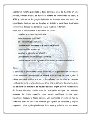 alcanzar un tamaño aproximado al doble del inicial antes de dividirse. En este

proceso, llamado mitosis, se duplica el número de cromosomas (es decir, el

ADN) y cada uno de los juegos duplicados se desplaza sobre una matriz de

microtúbulos hacia un polo de la célula en división, y constituirá la dotación

cromosómica de cada una de las dos células hijas que se forman.

Pasos para la realización de la división de las células

•     La célula se prepara para dividirse.

•     Los cromosomas se dividen.

•     Se forma el huso acromático.

•     Las cromátidas se alinean en el centro de la célula.

•     Las cromatidas se separan.

•     La célula se estrecha por el centro.

•     La membrana celular empieza a dividirse.

•     Las dos nuevas células hijas reciben la misma dotación cromosómica.



Cáncer

El cáncer es el crecimiento tisular producido por la proliferación continua de

células anormales con capacidad de invasión y destrucción de otros tejidos. El

cáncer que puede originarse a partir de cualquier tipo de célula en cualquier

tejido corporal, no es una enfermedad única sino un conjunto de enfermedades

que se clasifican en función del tejido y célula de origen. Existen varios cientos

de formas distintas, siendo tres los principales subtipos: los sarcomas

proceden del tejido conectivo como huesos, cartílagos, nervios, vasos

sanguíneos, músculos y tejido adiposo. Los carcinomas proceden de tejidos

epiteliales como la piel o los epitelios que tapizan las cavidades y órganos

corporales, y los tejidos glandulares de la mama y próstata. Los carcinomas
 