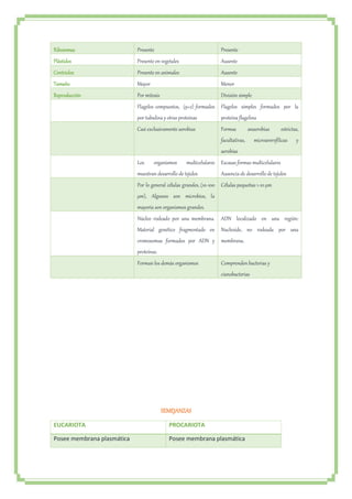 Ribosomas Presente Presente 
Plástidos Presente en vegetales Ausente 
Centriolos Presente en animales Ausente 
Tamaño Mayor Menor 
Reproducción Por mitosis División simple 
Flagelos compuestos, (9+2) formados 
por tubulina y otras proteínas 
Flagelos simples formados por la 
proteína flagelina 
Casi exclusivamente aerobias Formas anaerobias estrictas, 
facultativas, microarerofílicas y 
aerobias 
Los organismos multicelulares 
muestran desarrollo de tejidos 
Escasas formas multicelulares 
Ausencia de desarrollo de tejidos 
Por lo general células grandes, (10-100 
μm), Algunos son microbios, la 
mayoría son organismos grandes. 
Células pequeñas 1-10 μm 
Núcleo rodeado por una membrana. 
Material genético fragmentado en 
cromosomas formados por ADN y 
proteínas. 
ADN localizado en una región: 
Nucleoide, no rodeada por una 
membrana. 
Forman los demás organismos Comprenden bacterias y 
cianobacterias 
SEMEJANZAS 
EUCARIOTA PROCARIOTA 
Posee membrana plasmática Posee membrana plasmática 
 