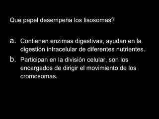 Que papel desempeña los lisosomas?
a. Contienen enzimas digestivas, ayudan en la
digestión intracelular de diferentes nutrientes.
b. Participan en la división celular, son los
encargados de dirigir el movimiento de los
cromosomas.
 