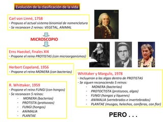 Evolución de la clasificación de la vida
Carl von Linné, 1758
- Propuso el actual sistema binomial de nomenclatura
- Se reconocen 2 reinos: VEGETAL, ANIMAL
Erns Haeckel, finales XIX
- Propone el reino PROTISTAS (con microorganismos)
MICROSCOPIO
Herbert Copeland, 1956
- Propone el reino MONERA (con bacterias)
R. Whittaker, 1959
- Propone el reino FUNGI (con hongos)
- Se reconocen 5 reinos:
- MONERA (bacterias)
- PROTISTA (protozoos)
- FUNGI (hongos)
- ANIMALIA
- PLANTAE
Whittaker y Margulis, 1978
- Incluyeron a las algas dentro de PROTISTAS
- Se siguen reconociendo 5 reinos:
- MONERA (bacterias)
- PROTOCTISTA (protozoos, algas)
- FUNGI (hongos y líquenes)
- ANIMALIA (vertebrados e invertebrados)
- PLANTAE (musgos, helechos, coníferas, con flor)
PERO . . .
 