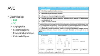• Diagnóstico:
• RM
• TC
• Angiografia
• Ecocardiograma
• Exames laboratoriais
• Coleta do líquor
AVC
 