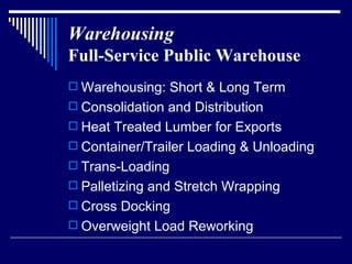Warehousing Full-Service Public Warehouse Warehousing: Short & Long Term Consolidation and Distribution  Heat Treated Lumber for Exports Container/Trailer Loading & Unloading Trans-Loading  Palletizing and Stretch Wrapping  Cross Docking Overweight Load Reworking 