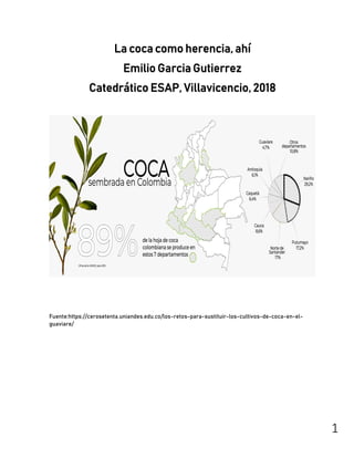 1
La coca como herencia, ahí
Emilio Garcia Gutierrez
Catedrático ESAP, Villavicencio, 2018
Fuente:https://cerosetenta.uniandes.edu.co/los-retos-para-sustituir-los-cultivos-de-coca-en-el-
guaviare/
 