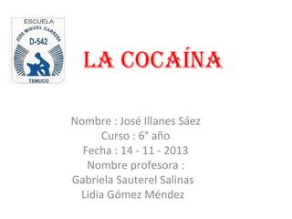 La cocaína
Nombre : José Illanes Sáez
Curso : 6° año
Fecha : 14 - 11 - 2013
Nombre profesora :
Gabriela Sauterel Salinas
Lidia Gómez Méndez

 