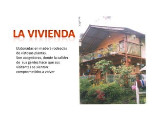 La viviendaElaboradas en madera rodeadas de vistosas plantas.Son acogedoras, donde la calidezde sus gentes hace que sus visitantes se sientan comprometidos a volver