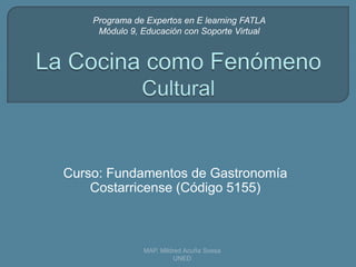 Programa de Expertos en E learning FATLA
     Módulo 9, Educación con Soporte Virtual




Curso: Fundamentos de Gastronomía
    Costarricense (Código 5155)



               MAP. Mildred Acuña Sossa
                         UNED
 
