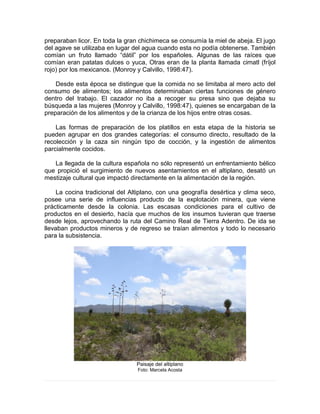preparaban licor. En toda la gran chichimeca se consumía la miel de abeja. El jugo
del agave se utilizaba en lugar del agua cuando esta no podía obtenerse. También
comían un fruto llamado “dátil” por los españoles. Algunas de las raíces que
comían eran patatas dulces o yuca, Otras eran de la planta llamada cimatl (fríjol
rojo) por los mexicanos. (Monroy y Calvillo, 1998:47).
Desde esta época se distingue que la comida no se limitaba al mero acto del
consumo de alimentos; los alimentos determinaban ciertas funciones de género
dentro del trabajo. El cazador no iba a recoger su presa sino que dejaba su
búsqueda a las mujeres (Monroy y Calvillo, 1998:47), quienes se encargaban de la
preparación de los alimentos y de la crianza de los hijos entre otras cosas.
Las formas de preparación de los platillos en esta etapa de la historia se
pueden agrupar en dos grandes categorías: el consumo directo, resultado de la
recolección y la caza sin ningún tipo de cocción, y la ingestión de alimentos
parcialmente cocidos.
La llegada de la cultura española no sólo representó un enfrentamiento bélico
que propició el surgimiento de nuevos asentamientos en el altiplano, desató un
mestizaje cultural que impactó directamente en la alimentación de la región.
La cocina tradicional del Altiplano, con una geografía desértica y clima seco,
posee una serie de influencias producto de la explotación minera, que viene
prácticamente desde la colonia. Las escasas condiciones para el cultivo de
productos en el desierto, hacía que muchos de los insumos tuvieran que traerse
desde lejos, aprovechando la ruta del Camino Real de Tierra Adentro. De ida se
llevaban productos mineros y de regreso se traían alimentos y todo lo necesario
para la subsistencia.
Paisaje del altiplano
Foto: Marcela Acosta
 