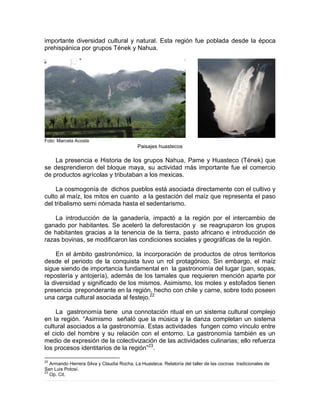importante diversidad cultural y natural. Esta región fue poblada desde la época
prehispánica por grupos Tének y Nahua.
Foto: Marcela Acosta
Paisajes huastecos
La presencia e Historia de los grupos Nahua, Pame y Huasteco (Tének) que
se desprendieron del bloque maya, su actividad más importante fue el comercio
de productos agrícolas y tributaban a los mexicas.
La cosmogonía de dichos pueblos está asociada directamente con el cultivo y
culto al maíz, los mitos en cuanto a la gestación del maíz que representa el paso
del tribalismo semi nómada hasta el sedentarismo.
La introducción de la ganadería, impactó a la región por el intercambio de
ganado por habitantes. Se aceleró la deforestación y se reagruparon los grupos
de habitantes gracias a la tenencia de la tierra, pasto africano e introducción de
razas bovinas, se modificaron las condiciones sociales y geográficas de la región.
En el ámbito gastronómico, la incorporación de productos de otros territorios
desde el periodo de la conquista tuvo un rol protagónico. Sin embargo, el maíz
sigue siendo de importancia fundamental en la gastronomía del lugar (pan, sopas,
repostería y antojería), además de los tamales que requieren mención aparte por
la diversidad y significado de los mismos. Asimismo, los moles y estofados tienen
presencia preponderante en la región, hecho con chile y carne, sobre todo poseen
una carga cultural asociada al festejo.22
La gastronomía tiene una connotación ritual en un sistema cultural complejo
en la región. “Asimismo señaló que la música y la danza completan un sistema
cultural asociados a la gastronomía. Estas actividades fungen como vínculo entre
el ciclo del hombre y su relación con el entorno. La gastronomía también es un
medio de expresión de la colectivización de las actividades culinarias; ello refuerza
los procesos identitarios de la región”23
.
22
Armando Herrera Silva y Claudia Rocha, La Huasteca. Relatoría del taller de las cocinas tradicionales de
San Luis Potosí.
23
Op. Cit.
 