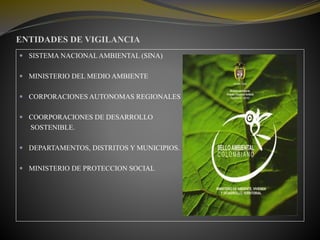 ENTIDADES DE VIGILANCIA
 SISTEMA NACIONAL AMBIENTAL (SINA)
 MINISTERIO DEL MEDIO AMBIENTE
 CORPORACIONES AUTONOMAS REGIONALES
 COORPORACIONES DE DESARROLLO
SOSTENIBLE.
 DEPARTAMENTOS, DISTRITOS Y MUNICIPIOS.
 MINISTERIO DE PROTECCION SOCIAL
 