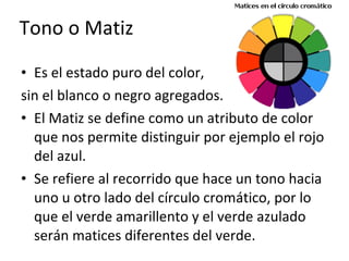 Tono o Matiz <ul><li>Es el estado puro del color,  </li></ul><ul><li>sin el blanco o negro agregados. </li></ul><ul><li>El...