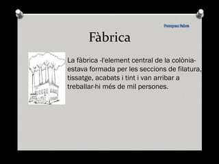 Fàbrica La fàbrica -l'element central de la colònia- estava formada per les seccions de filatura, tissatge, acabats i tint i van arribar a  treballar-hi més de mil persones. 