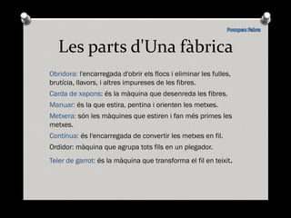 Les parts d'Una fàbrica Obridora: l'encarregada d'obrir els flocs i eliminar les fulles, brutícia, llavors, i altres impureses de les fibres. Carda de xapons : és la màquina que desenreda les fibres. Manuar: és la que estira, pentina i orienten les metxes. Metxera: són les màquines que estiren i fan més primes les metxes. Contínua: és l'encarregada de convertir les metxes en fil. Ordidor: màquina que agrupa tots fils en un plegador. Teler de garrot: és la màquina que transforma el fil en teixit . 