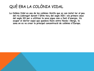 QUÈ ERA LA COLÒNIA VIDAL
La Colònia Vidal es una de les colònies tèxtils que es van instal·lar al peu
del riu Llobregat durant l'últim terç del segle XIX i els primers anys
del segle XX per a utilitzar la seva aigua com a font d'energia. Va
ocupar el darrer espai que quedava lliure entre Navàs i Berga, la
zona on es va crear la principal concentració de colònies d'Europa.
 
