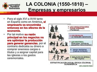 Para el siglo XVI a XVIII tanto en España como en América , el empresario se encontraba entonces en los albores de la economía. Por tal motivo  su razón principal en los negocios no era optimizar la producción para generar ganancias , por el contrario dedicaba su dinero a comprar onerosos cargos o títulos y a asignar capital para las iglesias o los gastos ceremoniales.  LA COLONIA (1550-1810) – Empresas y empresarios 