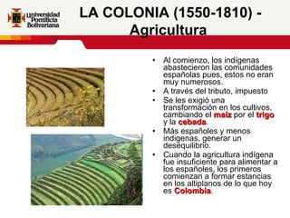Al comienzo, los indígenas abastecieron las comunidades españolas pues, estos no eran muy numerosos. A través del tributo, impuesto Se les exigió una transformación en los cultivos, cambiando el  maíz  por el  trigo  y la  cebada .  Más españoles y menos indigenas, generar un desequilibrio. Cuando la agricultura indígena fue insuficiente para alimentar a los españoles, los primeros comienzan a formar estancias en los altiplanos de lo que hoy es  Colombia .  LA COLONIA (1550-1810) - Agricultura   