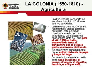 La dificultad de transporte de los alimentos dificultó el trato con los españoles. La mano de obra indígena era rudimentaria en sus técnicas agrícolas, esta actividad constituía una de las mas importantes en el desarrollo económico; tanto así, que  para el año 1566 se había desarrollado tanto al agricultura que la colonia podía sostenerse fácilmente .  Se caracterizo principalmente por el  cultivo del maíz, la papa y luego del trigo Sobresale igualmente el cultivo de la  caña de azúcar, el cacao, el tabaco, el algodón, laquina, el añil y el café.  LA COLONIA (1550-1810) - Agricultura   