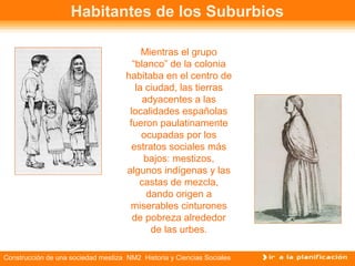 Habitantes de los Suburbios 
Mientras el grupo 
“blanco” de la colonia 
habitaba en el centro de 
la ciudad, las tierras 
adyacentes a las 
localidades españolas 
fueron paulatinamente 
ocupadas por los 
estratos sociales más 
bajos: mestizos, 
algunos indígenas y las 
castas de mezcla, 
dando origen a 
miserables cinturones 
de pobreza alrededor 
de las urbes. 
Construcción de una sociedad mestiza NM2 Historia y Ciencias Sociales 
 