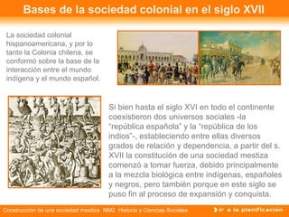 Bases de la sociedad colonial en el siglo XVII 
Si bien hasta el siglo XVI en todo el continente 
coexistieron dos universos sociales -la 
“república española” y la “república de los 
indios”-, estableciendo entre ellas diversos 
grados de relación y dependencia, a partir del s. 
XVII la constitución de una sociedad mestiza 
comenzó a tomar fuerza, debido principalmente 
a la mezcla biológica entre indígenas, españoles 
y negros, pero también porque en este siglo se 
puso fin al proceso de expansión y conquista. 
La sociedad colonial 
hispanoamericana, y por lo 
tanto la Colonia chilena, se 
conformó sobre la base de la 
interacción entre el mundo 
indígena y el mundo español. 
Construcción de una sociedad mestiza NM2 Historia y Ciencias Sociales 
 