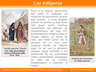 Los indígenas 
Pese a la drástica disminución 
que sufrió la población de 
indígenas encomenderos durante 
esta centuria, la clase dirigente 
colonial no cambió su trato hacia 
este grupo social. Continuó 
manteniendo los patrones de 
comportamiento del siglo XVI, 
considerando al indígena como un 
incapaz relativo, un menor de 
edad, que debía contar con la 
asesoría de un tutor para 
cualquier trámite de carácter 
legal. Es así que la población 
indígena siguió sometida a los 
dictámenes de las autoridades 
civiles y eclesiásticas, encargadas 
de velar por su correcta 
evangelización y devoción al 
trabajo. 
“Familia mapuche”, Claudio 
Gay, Atlas de la Historia 
Física y Política de Chile, 
París, 1854. 
Construcción de una sociedad mestiza NM2 Historia y Ciencias Sociales 
Indígena de encomienda 
en trabajo agrícola 
 