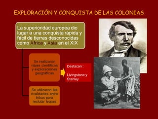 EXPLORACIÓN Y CONQUISTA DE LAS COLONIAS
Destacan :
Livingstone y
Stanley
 