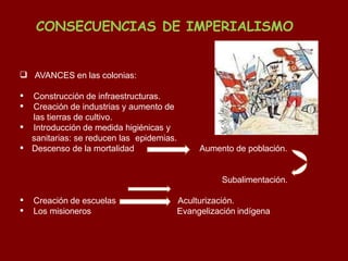 CONSECUENCIAS DE IMPERIALISMO
 AVANCES en las colonias:




Construcción de infraestructuras.
Creación de industrias y aumento de
las tierras de cultivo.
Introducción de medida higiénicas y
sanitarias: se reducen las epidemias.
Descenso de la mortalidad Aumento de población.
Subalimentación.


Creación de escuelas
Los misioneros
Aculturización.
Evangelización indígena
 