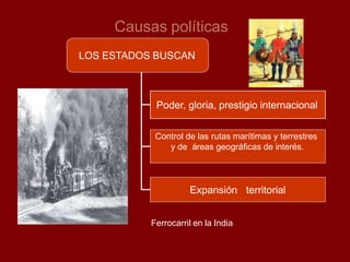 Causas políticas
LOS ESTADOS BUSCAN
Poder, gloria, prestigio internacional
Control de las rutas marítimas y terrestres
y de áreas geográficas de interés.
Expansión territorial
Ferrocarril en la India
 