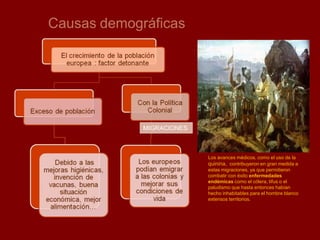 Causas demográficas
Los avances médicos, como el uso de la
quinina, contribuyeron en gran medida a
estas migraciones, ya que permitieron
combatir con éxito enfermedades
endémicas como el cólera, tifus o el
paludismo que hasta entonces habían
hecho inhabitables para el hombre blanco
extensos territorios.
MIGRACIONES
 