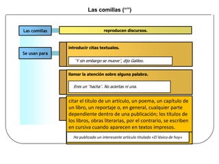 Las comillas (“”)
Las comillas reproducen discursos.
Se usan para
introducir citas textuales.
llamar la atención sobre alguna palabra.
“Y sin embargo se mueve”, dijo Galileo.
Eres un “hacha”. No aciertas ni una.
citar obras o títulos.
He terminado de leer “El Quijote”.
citar el título de un artículo, un poema, un capítulo de
un libro, un reportaje o, en general, cualquier parte
dependiente dentro de una publicación; los títulos de
los libros, obras literarias, por el contrario, se escriben
en cursiva cuando aparecen en textos impresos.
Ha publicado un interesante artículo titulado «El léxico de hoy»
 