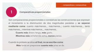 START
Copy a sticky
note, then type in
your idea.
... comparativas y consecutivas
Son comparaciones proporcionales o correlativas las construcciones que expresan
el incremento o la disminución de dos magnitudes paralelas y se separan
mediante coma: cuanto más/menos…, más/menos…; cuanto más/menos…, tanto
más/menos…; mientras más/menos…, más/menos…
Cuanto más dinero tengo, más gasto.
Mientras más entretenida estoy, menos pienso.
Cuando la prótasis se sitúa al final, no se escribe coma:
Más tarda en prepararse cuanta más prisa se da.
1 Comparativas proporcionales
 