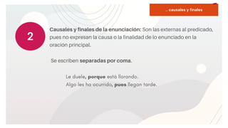 START
Copy a sticky
note, then type in
your idea.
Causales y finales de la enunciación: Son las externas al predicado,
pues no expresan la causa o la finalidad de lo enunciado en la
oración principal.
2
Se escriben separadas por coma.
Le duele, porque está llorando.
Algo les ha ocurrido, pues llegan tarde.
... causales y finales
 