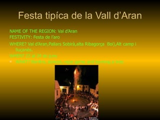 Festa tipíca de la Vall d’Aran
NAME OF THE REGION: Val d’Aran
FESTIVITY: Festa de l’aro
WHERE? Val d’Aran,Pallars Sobirà,alta Ribagorça Boi),Alt camp i
  lluçanès.
WHEN? 23 al 24 de juny
 WHAT? Bonfire, dances, rope game and burning a tree.
 