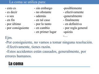La coma se utiliza para:
La coma
Ejm.
-Por consiguiente, no vamos a tomar ninguna resolución.
-Efectivamente, tienes razón.
-Estos accidentes están causados, generalmente, por
errores humanos.
- esto es
- es decir
- o sea
- en fin
- por último
- por consiguiente
- sin embargo
- no obstante
- además
- en tal caso
- por lo tanto
- en cambio
- en primer lugar
-posiblemente
- efectivamente
-generalmente
- finalmente
- en definitiva
- por regla general
-quizás
-…
 