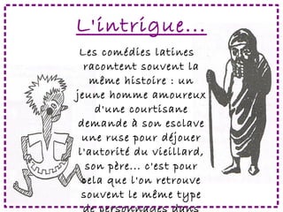 L'intrigue...
 Les comédies latines
  racontent souvent la
    même histoire : un
jeune homme amoureux
     d'une courtisane
demande à son esclave
  une ruse pour déjouer
 l'autorité du vieillard,
   son père... c'est pour
  cela que l'on retrouve
  souvent le même type
  de personnages dans
 