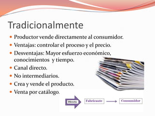 Tradicionalmente
 Productor vende directamente al consumidor.
 Ventajas: controlar el proceso y el precio.
 Desventajas: Mayor esfuerzo económico,
    conocimientos y tiempo.
   Canal directo.
   No intermediarios.
   Crea y vende el producto.
   Venta por catálogo.
 