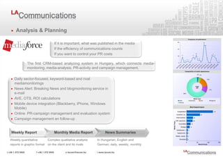 Analysis & Planning

                              If it is important, what was published in the media
                              If the efficiency of communications counts
                              If you want to control your PR costs

           The first CRM-based analyzing system in Hungary, which connects media-
           monitoring, media-analysis, PR-activity and campaign management.

   Daily sector-focused, keyword-based and rival
    mediamonitorings
   News Alert: Breaking News and blogmonitoring service in
    e-mail
   AVE, OTS, ROI calculations
   Mobile device integration (Blackberry, iPhone, Windows
    Mobile)
   Online PR-campaign management and evaluation system
   Campaign management an follow-up


Weekly Report                 Monthly Media Report            News Summaries
Weekly quantitative       Complex qualitative analysis   In Hungarian, English and
reports in graphic format on the client and its rivals   German; daily, weekly, monthly
 