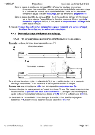 TSTI GMP                         Productique                             Étude des Machines Outil à C.N.
           Dans le cas de la position du perçage Ø6.2 : L'erreur ne peut pas provenir des
                    dimensions des assemblés. Les deux perçages étant réalisés sans démontage
                    et la précision en position de la machine étant de l'ordre ±2µm, vous devez
                    remettre en cause soit votre mesurage, soit les dimensions programmées.
           Dans le cas du diamètre du perçage Ø6.2 : Il est impossible de corriger en intervenant
                    sur la dimension de l'assemblé car le diamètre obtenu ne dépend que de la
                    dimension physique du foret. Il faut prévoir le remplacement / affûtage de la
                    partie active de l'outil.
     À retenir : l'erreur de position d'un perçage/alésage par rapport à une surface d'appui
                  implique de corriger sur les valeurs des décalages.

       6.4.e Dimensions non conformes en fraisage.

          6.4.e.i   Un perçage/alésage permet d'identifier l'erreur sur les décalages.

     Exemple : embase de l'étau à serrage rapide - cas N°
                                                        1

         +Z
                            dimensions visées




                                                                                               38
                                               18




                                                                 24


                          +X
                                                                           T2
                                                            T1
                          dimensions obtenues
                                                                                          T3




                                                                                               38.24
                                                                 24.24
                                               18.36




     En analysant l'écart rencontré pour la cote de 38, il est possible de dire que la valeur du
       décalage suivant l'axe Oz est incorrecte. C'est la première valeur à corriger.
     Dans ce cas, une correction de -0,24 mm sera apportée au décalage sur Oz.
     Cette modification de valeur permettra d'obtenir la cote de 38 mm. Elle va entraîner aussi une
       modification de la position des deux surfaces fraisées. L'usinage d'une nouvelle pièce
       après cette correction placerait la surface basse à 18,12 mm et la surface haute à 24 mm.
     La dimension de l'assemblé N°2 n'est donc pas à modifier. Il faut modifier la jauge de
       l'assemblé N°1, la correction a apporter dans ce cas est de -0,12 mm




La commande Numérique                      PG & GT 28/11/2008                                  Page 10/17
 