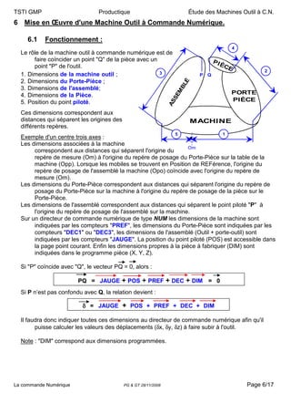 TSTI GMP                        Productique                              Étude des Machines Outil à C.N.
6 Mise en Œuvre d'une Machine Outil à Commande Numérique.

     6.1   Fonctionnement :
                                                                                               4
  Le rôle de la machine outil à commande numérique est de
       faire coïncider un point "Q" de la pièce avec un                               PI
       point "P" de l'outil.                                                               ÈC
                                                                                             E          2
  1. Dimensions de la machine outil ;                   3                     P   Q
  2. Dimensions du Porte-Pièce ;




                                                                         É
                                                                       BL
  3. Dimensions de l'assemblé;




                                                                     M
  4. Dimensions de la Pièce.                                                                   PORTE




                                                                   SE
  5. Position du point piloté.                                                                 PIÈCE




                                                                 AS
  Ces dimensions correspondent aux
  distances qui séparent les origines des                                    MACHINE
  différents repères.
                                                                   5                       1
  Exemple d'un centre trois axes :
  Les dimensions associées à la machine
                                                                   Om
       correspondent aux distances qui séparent l'origine du
       repère de mesure (Om) à l'origine du repère de posage du Porte-Pièce sur la table de la
       machine (Opp). Lorsque les mobiles se trouvent en Position de REFérence, l'origine du
       repère de posage de l'assemblé la machine (Opo) coïncide avec l'origine du repère de
       mesure (Om).
  Les dimensions du Porte-Pièce correspondent aux distances qui séparent l'origine du repère de
       posage du Porte-Pièce sur la machine à l'origine du repère de posage de la pièce sur le
       Porte-Pièce.
  Les dimensions de l'assemblé correspondent aux distances qui séparent le point piloté "P" à
       l'origine du repère de posage de l'assemblé sur la machine.
  Sur un directeur de commande numérique de type NUM les dimensions de la machine sont
       indiquées par les compteurs "PREF", les dimensions du Porte-Pièce sont indiquées par les
       compteurs "DEC1" ou "DEC3", les dimensions de l'assemblé (Outil + porte-outil) sont
       indiquées par les compteurs "JAUGE". La position du point piloté (POS) est accessible dans
       la page point courant. Enfin les dimensions propres à la pièce à fabriquer (DIM) sont
       indiquées dans le programme pièce (X, Y, Z).

  Si "P" coïncide avec "Q", le vecteur PQ = 0, alors :

                        PQ = JAUGE + POS + PREF + DEC + DIM = 0
  Si P n’est pas confondu avec Q, la relation devient :

                          δ = JAUGE + POS + PREF + DEC + DIM

  Il faudra donc indiquer toutes ces dimensions au directeur de commande numérique afin qu'il
        puisse calculer les valeurs des déplacements (δx, δy, δz) à faire subir à l'outil.

  Note : "DIM" correspond aux dimensions programmées.




La commande Numérique                       PG & GT 28/11/2008                                     Page 6/17
 
