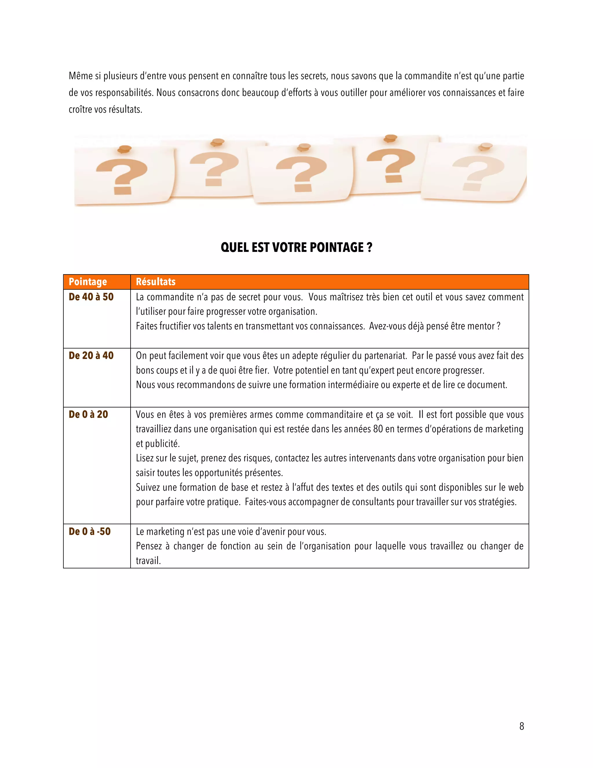 8
Même si plusieurs d’entre vous pensent en connaître tous les secrets, nous savons que la commandite n’est qu’une partie
de vos responsabilités. Nous consacrons donc beaucoup d’efforts à vous outiller pour améliorer vos connaissances et faire
croître vos résultats.
QUEL EST VOTRE POINTAGE ?
Pointage Résultats
De 40 à 50 La commandite n’a pas de secret pour vous. Vous maîtrisez très bien cet outil et vous savez comment
l’utiliser pour faire progresser votre organisation.
Faites fructifier vos talents en transmettant vos connaissances. Avez-vous déjà pensé être mentor ?
De 20 à 40 On peut facilement voir que vous êtes un adepte régulier du partenariat. Par le passé vous avez fait des
bons coups et il y a de quoi être fier. Votre potentiel en tant qu’expert peut encore progresser.
Nous vous recommandons de suivre une formation intermédiaire ou experte et de lire ce document.
De 0 à 20 Vous en êtes à vos premières armes comme commanditaire et ça se voit. Il est fort possible que vous
travailliez dans une organisation qui est restée dans les années 80 en termes d’opérations de marketing
et publicité.
Lisez sur le sujet, prenez des risques, contactez les autres intervenants dans votre organisation pour bien
saisir toutes les opportunités présentes.
Suivez une formation de base et restez à l’affut des textes et des outils qui sont disponibles sur le web
pour parfaire votre pratique. Faites-vous accompagner de consultants pour travailler sur vos stratégies.
De 0 à -50 Le marketing n’est pas une voie d’avenir pour vous.
Pensez à changer de fonction au sein de l’organisation pour laquelle vous travaillez ou changer de
travail.
 