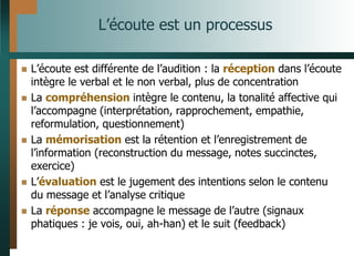 L’écoute est un processus
 L’écoute est différente de l’audition : la réception dans l’écoute
intègre le verbal et le non verbal, plus de concentration
 La compréhension intègre le contenu, la tonalité affective qui
l’accompagne (interprétation, rapprochement, empathie,
reformulation, questionnement)
 La mémorisation est la rétention et l’enregistrement de
l’information (reconstruction du message, notes succinctes,
exercice)
 L’évaluation est le jugement des intentions selon le contenu
du message et l’analyse critique
 La réponse accompagne le message de l’autre (signaux
phatiques : je vois, oui, ah-han) et le suit (feedback)
 