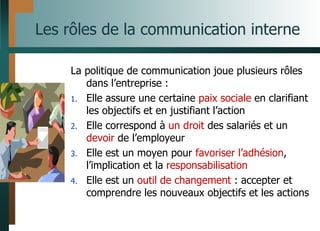 Les rôles de la communication interne
La politique de communication joue plusieurs rôles
dans l’entreprise :
1. Elle assure une certaine paix sociale en clarifiant
les objectifs et en justifiant l’action
2. Elle correspond à un droit des salariés et un
devoir de l’employeur
3. Elle est un moyen pour favoriser l’adhésion,
l’implication et la responsabilisation
4. Elle est un outil de changement : accepter et
comprendre les nouveaux objectifs et les actions
 