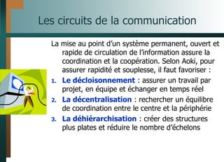 Les circuits de la communication
La mise au point d’un système permanent, ouvert et
rapide de circulation de l’information assure la
coordination et la coopération. Selon Aoki, pour
assurer rapidité et souplesse, il faut favoriser :
1. Le décloisonnement : assurer un travail par
projet, en équipe et échanger en temps réel
2. La décentralisation : rechercher un équilibre
de coordination entre le centre et la périphérie
3. La déhiérarchisation : créer des structures
plus plates et réduire le nombre d’échelons
 