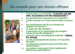 Dix conseils pour une réunion efficace
1) S’interroger sur la finalité : la réunion est-elle
utile, ma présence est-elle indispensable ?
2) Les participants connaissent-ils l’objectif ?
3) L’ordre du jour a-t-il été communiqué à chacun
?
4) Les participants ont-ils eu le temps de
préparer la réunion ?
5) La salle est-elle adaptée ?
6) L’animateur et le responsable du compte-
rendu ont-ils été désignés ?
7) L’horaire est-il correctement maîtrisé ? (début,
fin, timing)
8) Le rôle d’expression de chacun a-t-il pu être
formulé ?
9) Les décisions majeures peuvent-elles être
synthétisées ?
10) Le compte rendu peut-il être rapidement
diffusé aux participants ?
 