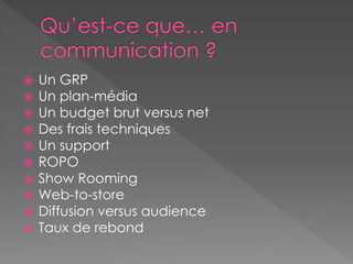  Un GRP
 Un plan-média
 Un budget brut versus net
 Des frais techniques
 Un support
 ROPO
 Show Rooming
 Web-to-store
 Diffusion versus audience
 Taux de rebond
 