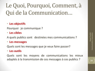 Le Quoi, Pourquoi, Comment, à
Qui de la Communication…
• Les objectifs
Pourquoi   je communique ?  
• Les cibles
A quels publics sont   destinées mes communications ?  
• Les messages
Quels sont les messages que je veux faire passer?  
• Les outils
Quels sont les moyens de communications les mieux
adaptés à la transmission de ces messages à ces publics ?
NawelGuellal
CommunicationAssociative
34
 