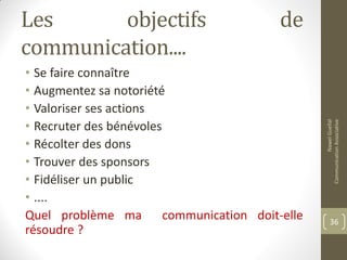 Les objectifs de
communication....
• Se faire connaître
• Augmentez sa notoriété
• Valoriser ses actions
• Recruter des bénévoles
• Récolter des dons
• Trouver des sponsors
• Fidéliser un public
• ....
Quel problème ma communication doit-elle
résoudre ?
NawelGuellal
CommunicationAssociative
36
 