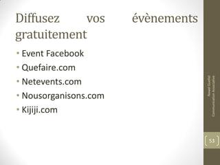 Diffusez vos évènements
gratuitement
• Event Facebook
• Quefaire.com
• Netevents.com
• Nousorganisons.com
• Kijiji.com
NawelGuellal
CommunicationAssociative
53
 