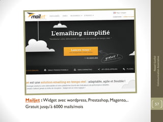 Mailjet : Widget avec wordpress, Prestashop, Magento,..
Gratuit jusqu’à 6000 mails/mois
NawelGuellal
CommunicationAssociative
57
 