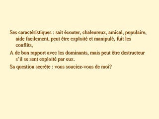 Ses caractéristiques : sait écouter, chaleureux, amical, populaire,Ses caractéristiques : sait écouter, chaleureux, amical, populaire,
aide facilement, peut être exploité et manipulé, fuit lesaide facilement, peut être exploité et manipulé, fuit les
conflits,conflits,
A de bon rapport avec les dominants, mais peut être destructeurA de bon rapport avec les dominants, mais peut être destructeur
s’il se sent exploité par eux.s’il se sent exploité par eux.
Sa question secrète : vous souciez-vous de moi?Sa question secrète : vous souciez-vous de moi?
 